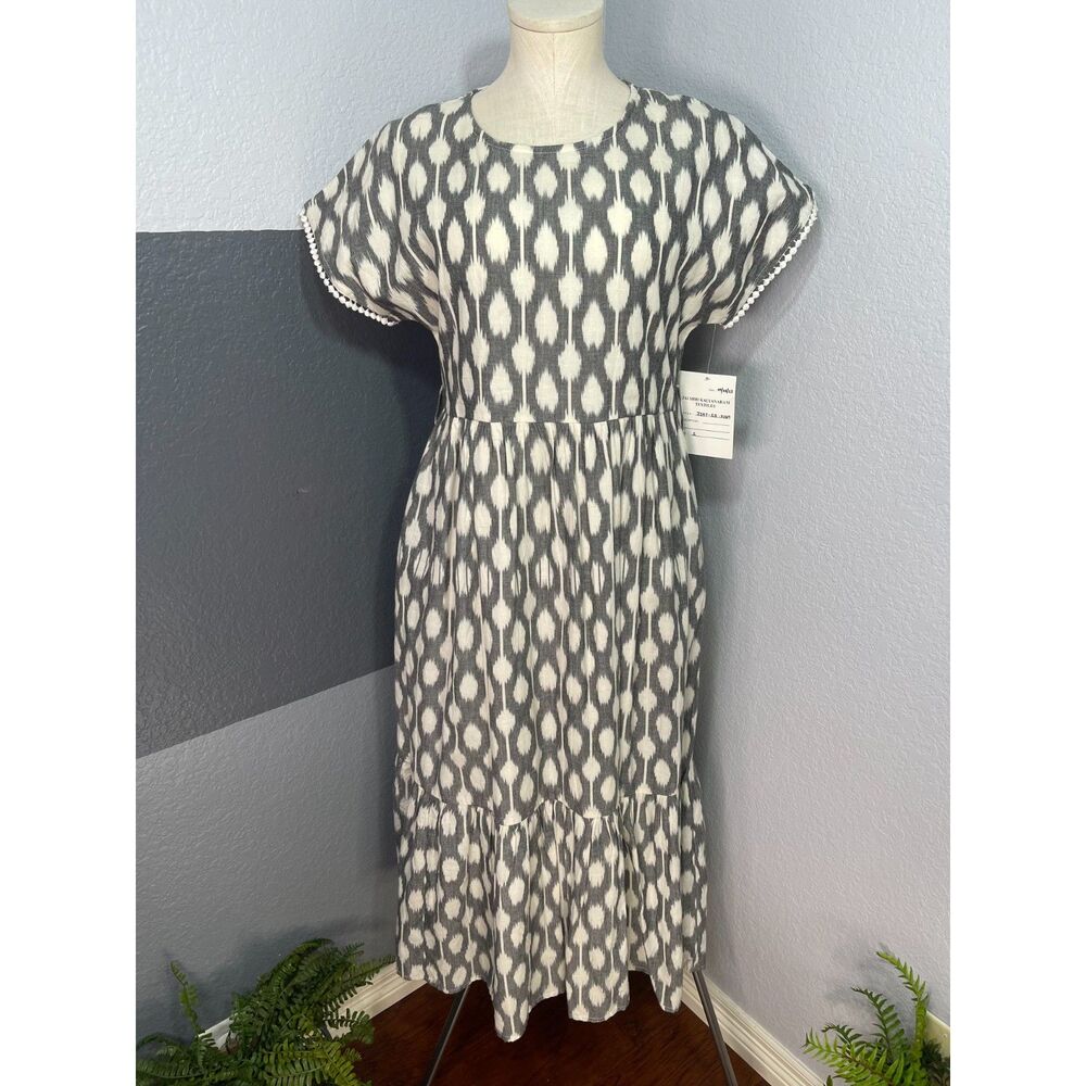 NWT JSKT Ikat Block Print Tiered Maxi Dress Small Gray White Pom Trim Boho Vacay